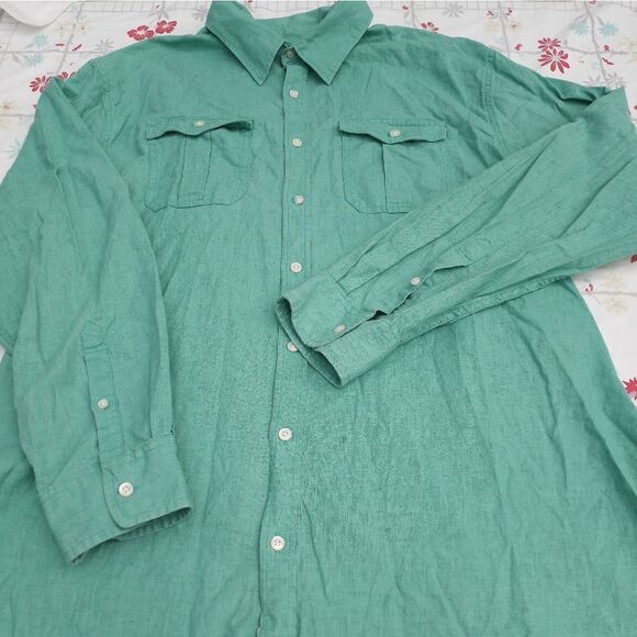 OldNavy ClassicFit XXL Green LngSlvRollTab LinenBlendPocketsButtonUp Men's Shirt - Picture 1 of 8